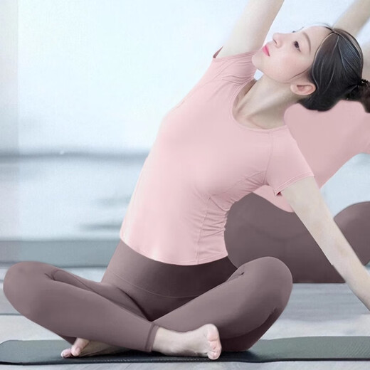 Shuangxiu yoga clothing top for women, beautiful slimming, high elasticity, breathable, quick-drying, slim-fitting sports short-sleeved 2025 new Pilates light pink top + Haiyueyan pants set L 115-125