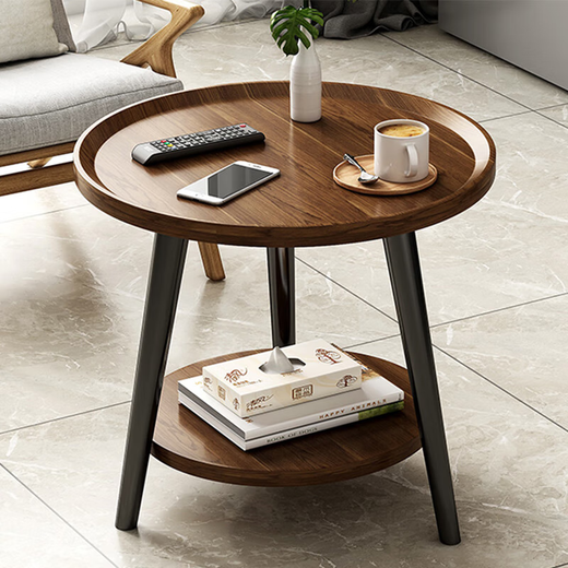 Zhuobo coffee table side table small table living room sofa side table double layer round table tea table storage rack bedside table CJ09 walnut color