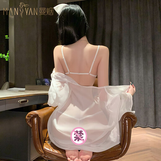 曼烟情趣内衣内裤2025年新款女透视美背三点紧身连体护士外罩衫制服性 白色【连体衣+外罩衫+T裤】 均码