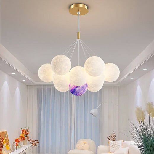 Nordic Simple Wohnzimmer Internet Prominente Beleuchtung cremiger Schlafzimmer Restaurant Planet Kronleuchter Zhongshan Home Dekoration Mondlampe 9734-Golden 7-köpfige dreifarbige Lichtweißkugel