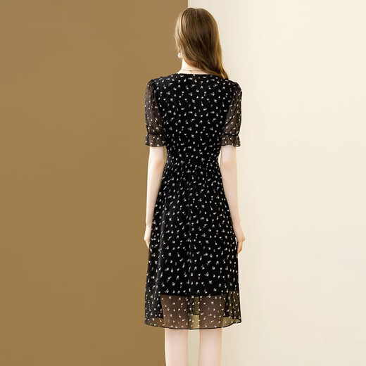 Ehangy International Light Luxury 2025 Commuter Black Floral Chiffon Dress Women's Summer New Temperament Waist-Close Mid-Long Skirt Black [High-end Gift Box] M