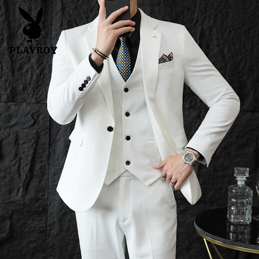 Playboy (PLAYBOY) suit men's three-piece casual large size suit jacket slim Italian formal groom handsome wedding dress white suit + trousers + vest 7XL