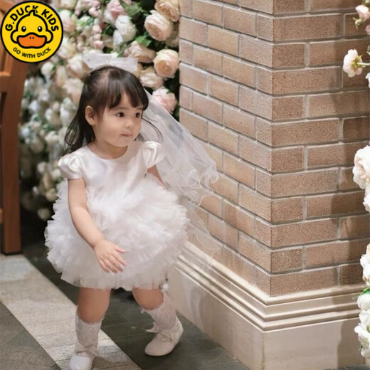G.duck Children's First Birthday Dress 2025 New Super Fairy and Cute Princess Dress Girls Princess Dress Summer White + Veil 80