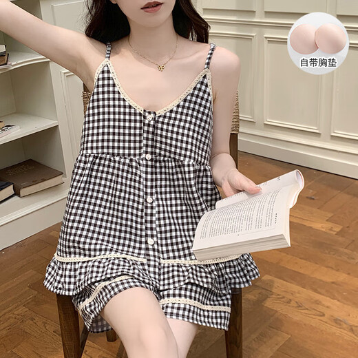 带胸垫睡衣女夏季新款格子花边吊带短裤韩系可爱云朵棉家居服套装 9904杏色 L
