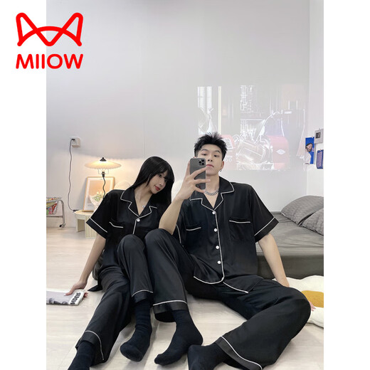 Catman (Miiow) Paar Pyjamas für Frauen im Sommer -Eis Silk Kurzärmel 2025 Neuer Anzugseide. Seidenstil Dünnstil Herren-Hauskleidung 13568 Frauen # Double Short [New Style] M [Vorgeschlagen 80-100 Jin [Jin gleich 0,5 kg]]]