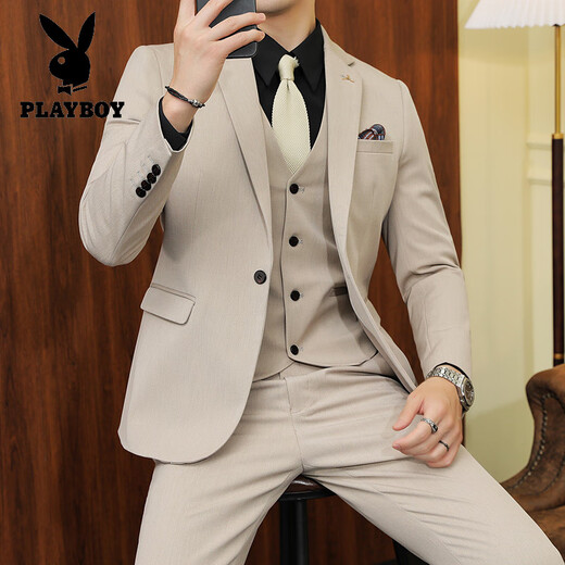 Playboy (PLAYBOY) suit men's three-piece casual large size suit jacket slim Italian formal groom handsome wedding dress white suit + trousers + vest 7XL