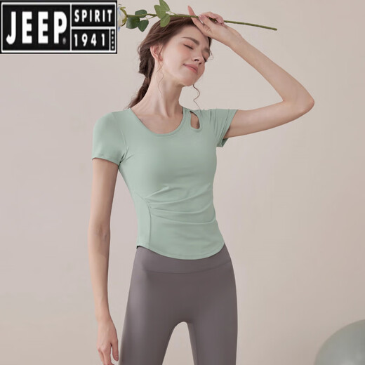 JEEP SPIRIT吉普套装瑜伽服女2025新款短袖修身感运动上衣普拉提训练服健 咖色上衣 【固定胸垫】 XL