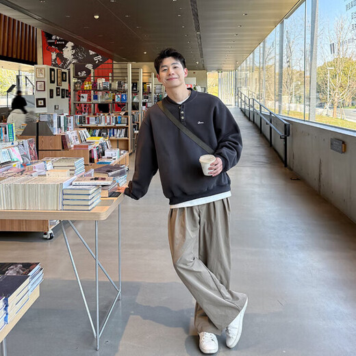 Muwei Retro Solid Color Henley Collar Sweatshirt Long Sleeve Men's Spring and Autumn 2025 New Casual Loose Versatile Top Jacket White Gray XL Recommended 130-150 Jin Jin equals 0.5 kg