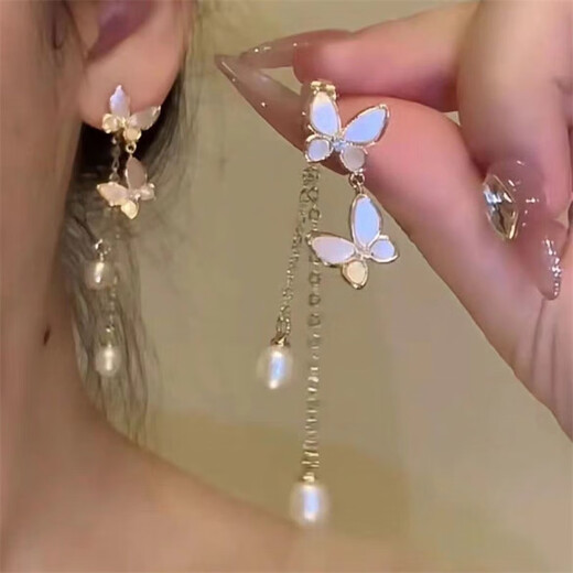 Nianfu earrings are light luxury niche high-end simple tassel long new style earrings fairy temperament Mid-Autumn Festival gift for girls earrings white butterfly