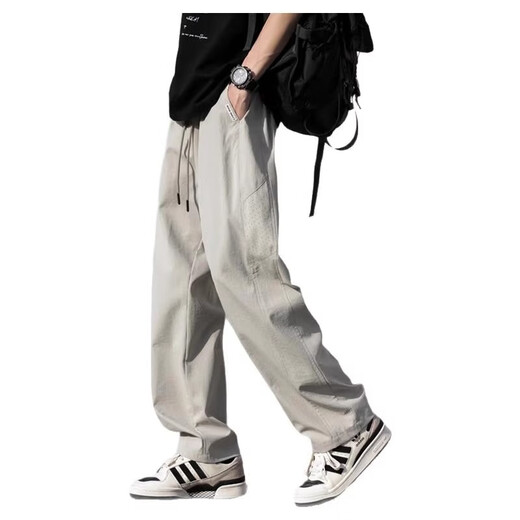 Woodpecker casual pants for men 2025 summer trend ice silk loose straight pants for men teenagers versatile draping feeling high-end trousers for men 6636 gray 4XL recommended 180-200Jin [Jin equals 0.5 kg]