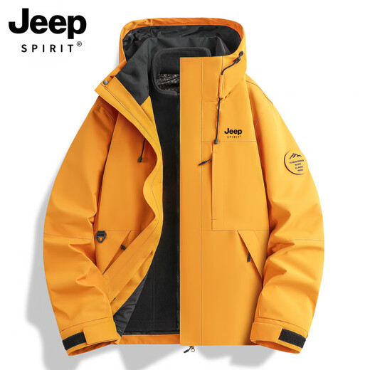 JEEP SPIRIT Jeep Jacket for Men and Women Spring and Autumn New Outdoor Mountaineering Casual Jacket Detachable Three-in-One Couple Same Style for Men and Women - Maple Leaf Yellow Three-in-One/Detachable L