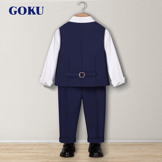 GOKU boys' suit autumn piano performance host suit children's chorus suit high-end one-year-old baby boy dress blue vest + pants + shirt + tie corsage 130 (recommended weight 43-50 Jin Jin equals 0.5 kg)