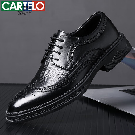 CARTELO crocodile leather shoes men's cowhide business casual formal wedding British brogue carved men's shoes 6533 black 42