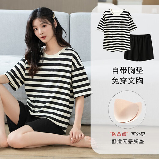 Zhewei's new summer pure cotton pajamas women's suit with chest pads short sleeves shorts girls two-piece home clothes can be worn outside cke-w6172-1 M