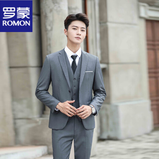 ROMON suit suit men's three-piece formal suit professional business young and middle-aged slim suit groomsmen and groom wedding dress navy two-button suit + shirt + trousers with leather tie 2XL