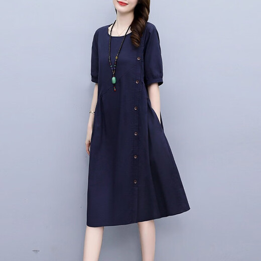 
XAE luxury high-end brand short-sleeved dress for women 2025 summer new round neck loose and fashionable age-reducing slimming skirt gray XL 125-135Jin [Jin equals 0.5 kg]