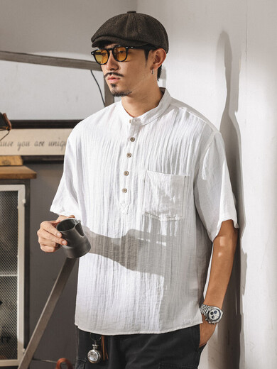 New Balance Chinese retro linen shirt men's short-sleeved summer new old money style Henry collar thin casual white shirt white L suitable for 120-140Jin Jin equals 0.5 kg