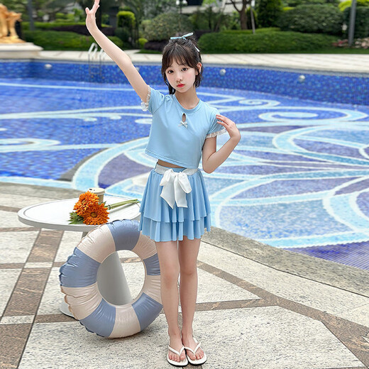 
Girls 2025 new swimsuit set for medium and large children's split skirt swimsuit fashionable girl swimsuit high appearance sky blue 130
