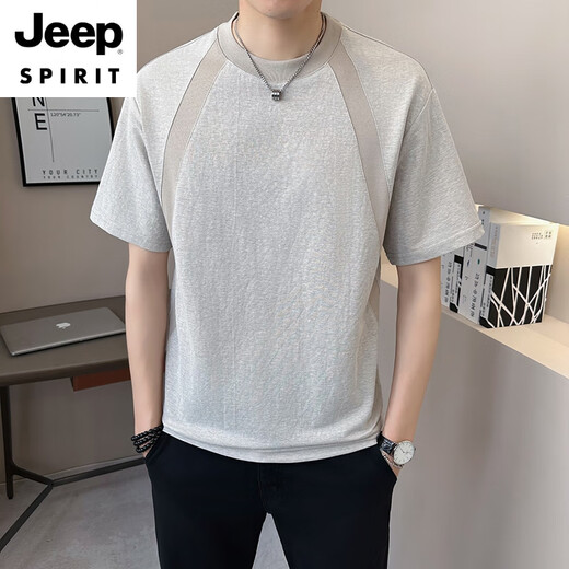 JEEP SPIRIT棉麻男士短袖t恤夏季新款2025设计感休闲圆领潮流百搭亚麻t恤衫男 9866绿色 M