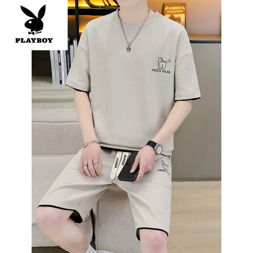 花花公子（PLAYBOY）高端休闲运动套装男士夏季短袖短裤搭配透气T恤男款夏款青少年 【套装】6182白色 M (建议95-115斤)
