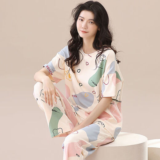 浪莎100%纯棉睡衣女春夏短袖长裤休闲宽松女韩版家居服秋季可外穿套装 T-9720(短袖长裤) M码(85-105斤) 均码