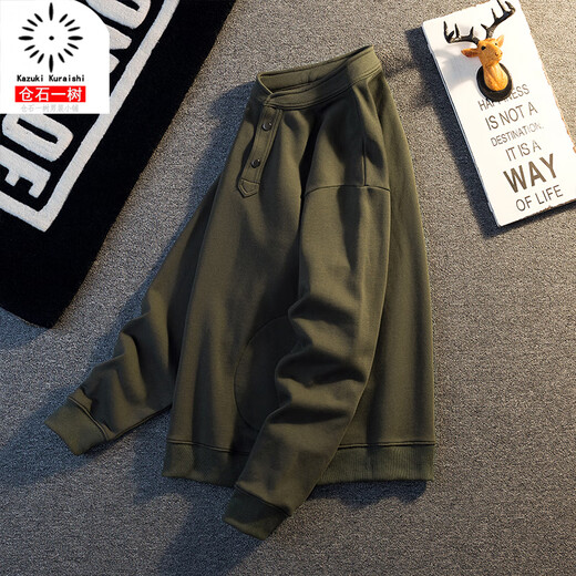 Kuraishi Kazuki Kuraishi Kazuki American retro loose heavy bottoming long-sleeved sweatshirt men's autumn and winter high-end Henley shirt top Army Green XL