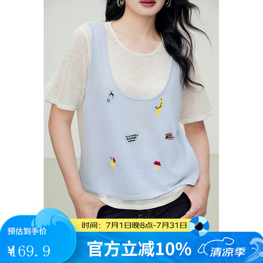 Basic House Basic House/Baijiahao cartoon embroidery contrasting top for women in summer fashion fake two-piece short-sleeved sweater Blue L