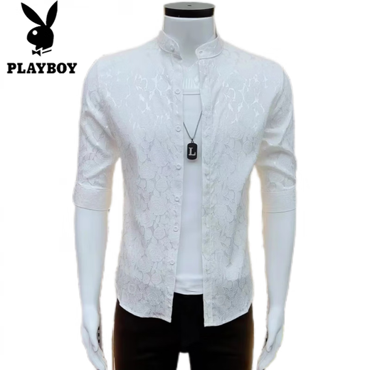 Playboy (Playboy) Модная и универсальная новая жаккардовая мода в середине рубашки мужская корейская корейская повседневная рубашка Летняя красивая тонкая 687 модная белая рубашка XL подходит для 116-125 Джин [Джин равняется 0,5 кг]