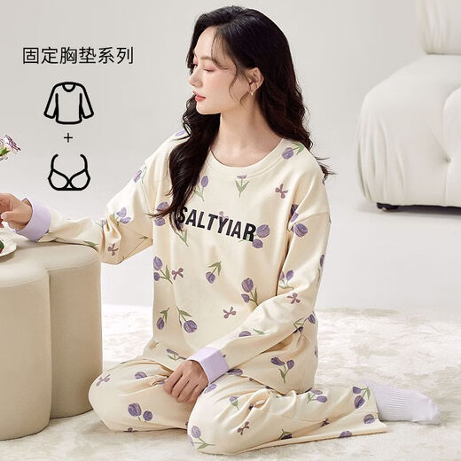芬腾带胸垫秋季长袖睡衣女甜美薄款可外穿两件套妈妈休闲可爱家居服春 YP1047带胸垫长套 M 码【体重80-95】