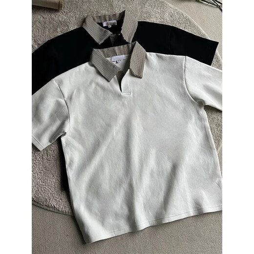 fhhuabd美式 vintage芸蚁千鸟格短袖男夏季翻领poolo衫t恤正肩亨利衫体恤 黑色 XL