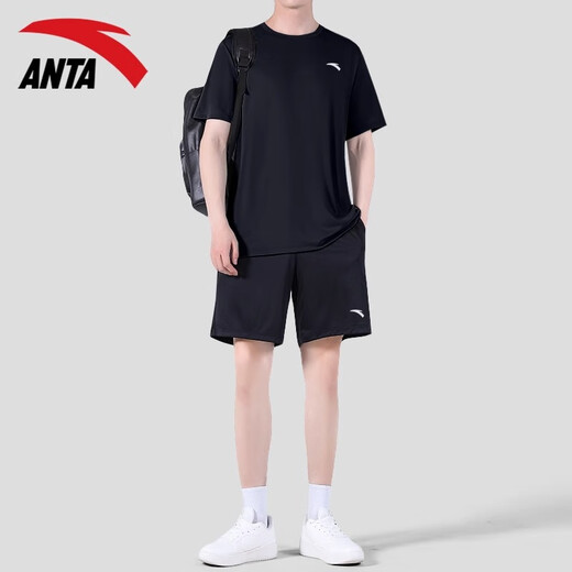 
Anta (ANTA) sports suit men's summer loose breathable short-sleeved T-shirt for five-quarter pants ice silk quick-drying clothes running fitness casual clothes - 3 bean gray/basic black (top + shorts) L/175