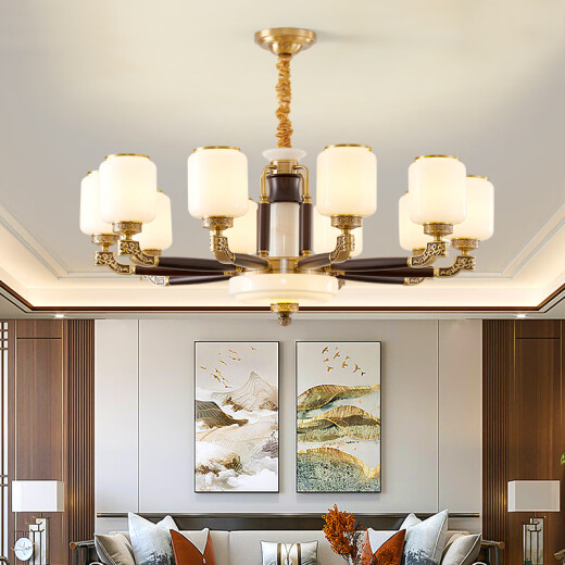 Lescot new Chinese-style jade living room chandelier Chinese style black gold solid wood villa main lamp restaurant lamp large SN3890 solid copper head 40 head high-end copper + wood