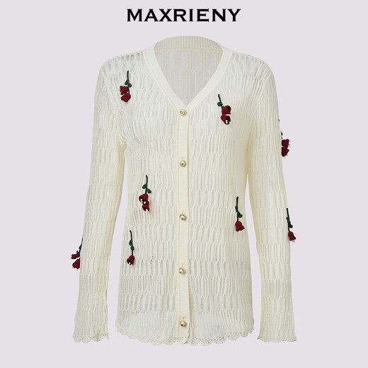 Maxrieny [gleiches Modell im Einkaufszentrum] Boho V-Ausschnitt Hollow Colted Strick Jacke 25 Herbst Cardigan White M.
