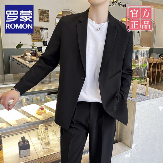 Romon (Romon) Traje casual guapo para hombres en primavera y otoño, estilo ligero y maduro, chaqueta de traje cayendo y versátil para hombres, traje de alta gama de Internet Celebridades de alta gama + pantalones de nueve puntos (set de 2 piezas) (90-jin [Jin equivale a 0.5 kg])