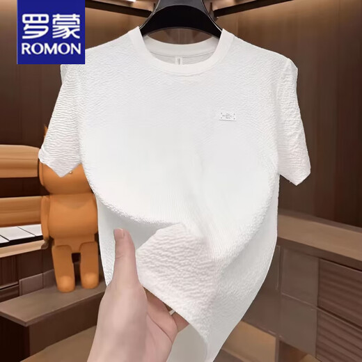 罗蒙（ROMON）2025新款夏季冰丝肌理感绣标圆领男士短袖时尚半袖百搭轻奢T恤男 【夏季短袖】6628黑色 M 80-105斤