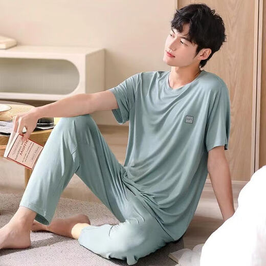 Yalu Pyjamas Herren Sommer kurzärmelige Hosen Hauskleidung Dünne Eis Seide Kühl einfacher Anzug modal kurzärmelig + Hosen 2677 L Empfohlen 100-120