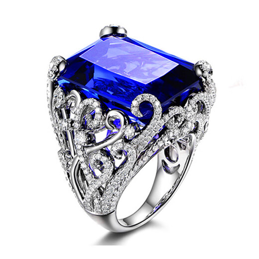 Fat Donglai's same style sapphire ring full of diamonds, large carat imitation tanzanite plated with 18K gold, hollow pattern, blue diamond ring, white gold, adjustable opening
