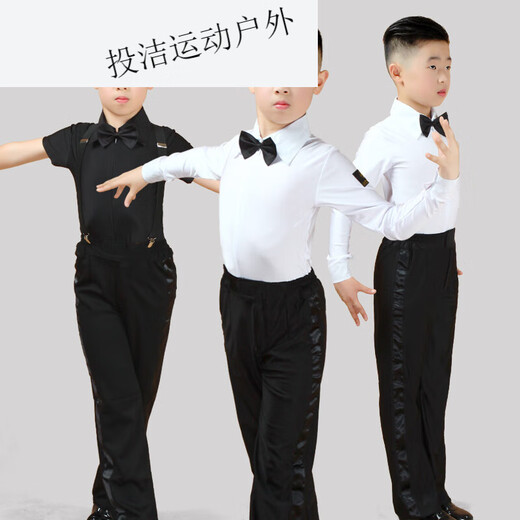 Dance clothing for boys and girls Latin dance clothing for boys and girls performance competition regulations dance clothing long sleeves white CS1 clothing + K7 pants + bow tie + suspender clip M M120 size suitable for height 90-123c