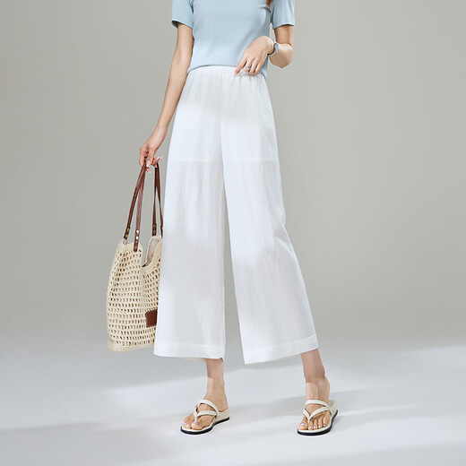 逸阳亚麻白色九分阔腿裤女2025夏薄款高腰宽松凉感休闲直筒山本裤 白色 27
