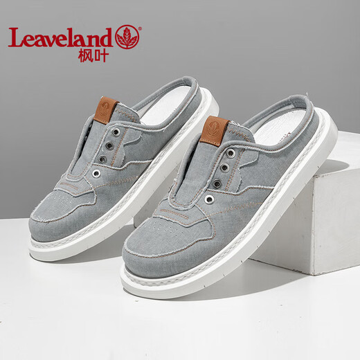 枫叶（leaveland）一脚蹬帆布鞋男夏季简版时尚透气半包拖鞋男防臭软底男士休闲鞋 灰色（皮鞋码） 41