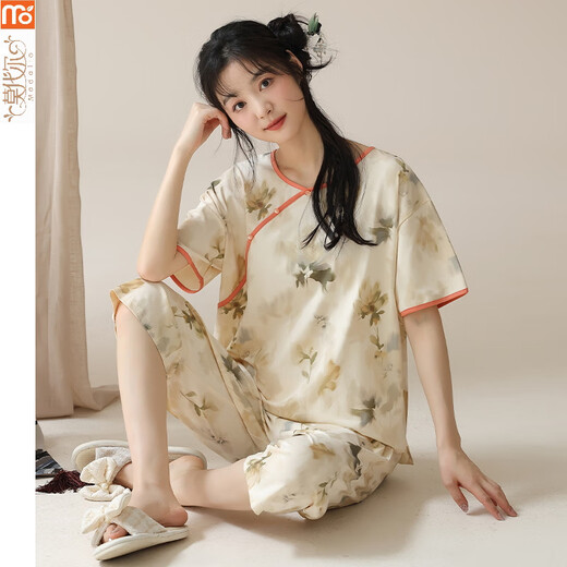 莫代尔睡衣女夏季2025年新款短袖套装新中式国风棉七分裤薄款可外穿家居 LZY9902 M (建议75-95斤)