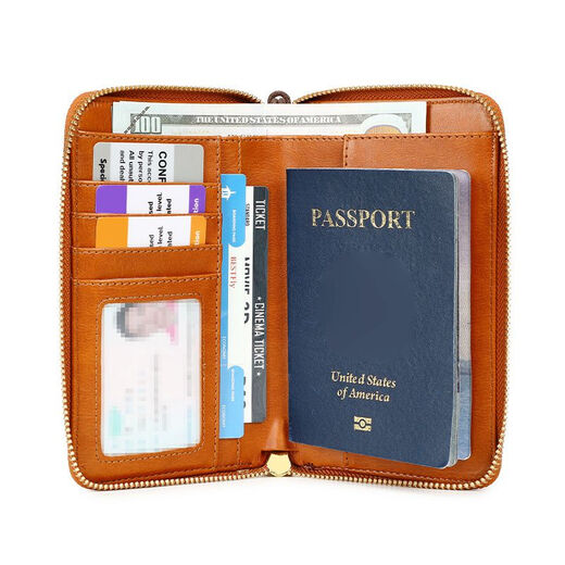 Nuevo nuevo paquete de certificado Cepillado antirrobo Pasaporte Pasaporte Clip Card de identificación de la cremallera Billetera Multifunción Passport de viaje Bolsa Ligera marrón