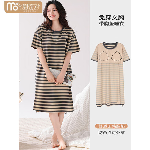 Victoria's style 2025 new nightgown with chest pad for women's summer cotton short-sleeved thin striped mid-length pajamas home dress with chest pad 14107 M 160 Recommended weight 80-100 Jin [Jin equals 0.5 kg]