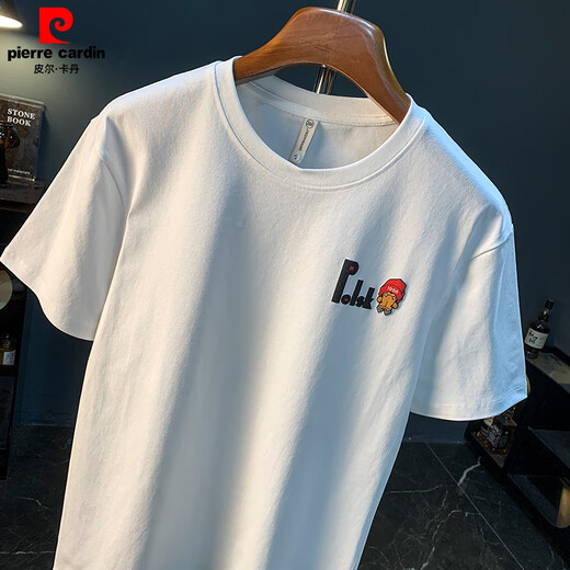 皮尔卡丹（pierre cardin）潮牌短袖T恤男印花半袖宽松体恤新疆棉舒适百搭潮流五分袖衣服男 白色 【JSW9923】 M 适合90-108斤穿