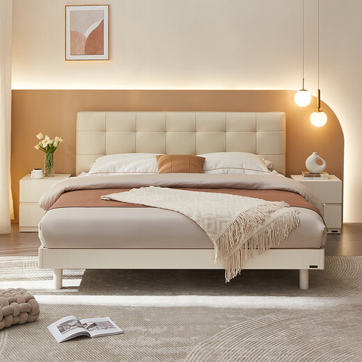 Quanyou Home Leather Art Bed Modern Simple Cream Style Soft Cover 1.8x2 Meter Master Bedroom Double Bed Solid Wood Feet Wedding Bed