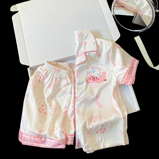 Ice Silk Children's Pyjamas Summer 2025 Nouveau style fille mignonne fille dessin animée en deux pièces vêtements à la maison Summer 6630 # ensemble deux pièces [manches courtes + shorts] 100 [8 tailles] 100-110cm 30-40jin [Jin est égal à 0,5 kg]