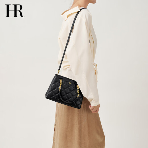 
HR Helena Bag Women's Bag Simple Fashionable Handbag Women's Head-Layer Cowhide Diamond Single-Shoulder Crossbody Bag Chinese Valentine's Gift Black + Gift Box Packaging