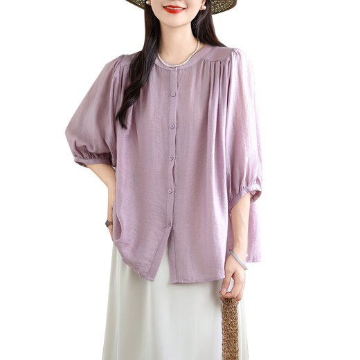 
Jiandang large-size women's fat MM summer new French retro slightly transparent solid color slim and versatile versatile trousers shirt for women 6169 off-white L [120-140Jin [Jin equals 0.5 kg]]