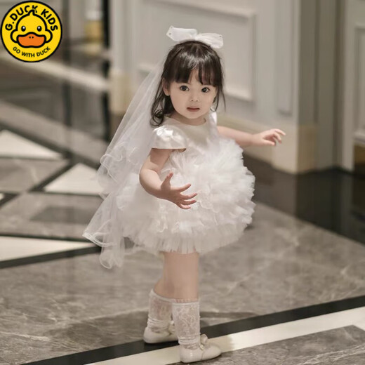 G.duck Children's First Birthday Dress 2025 New Super Fairy and Cute Princess Dress Girls Princess Dress Summer White + Veil 80