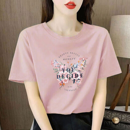 以纯YISHION浅粉色纯棉短袖t恤女士宽松气质减龄印花半袖夏装2025年新款上衣 6172皮粉 短袖 M (建议80-105斤)